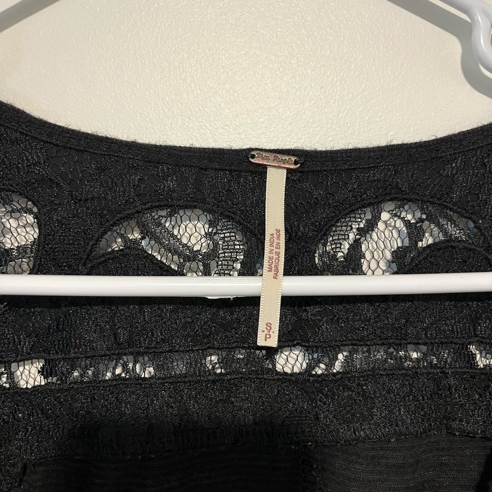 Free People Black Lace-Trim Lace-Up Long Sleeve Tee - Picture 3 of 7